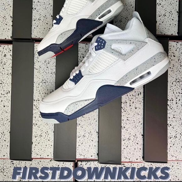Air Jordan 4 Midnight Navy Colorway White/Midnight Navy  Nike Air Jordan 4 White Smoke Grey Fire Red Midnight Navy DH6927-140 Size 14​